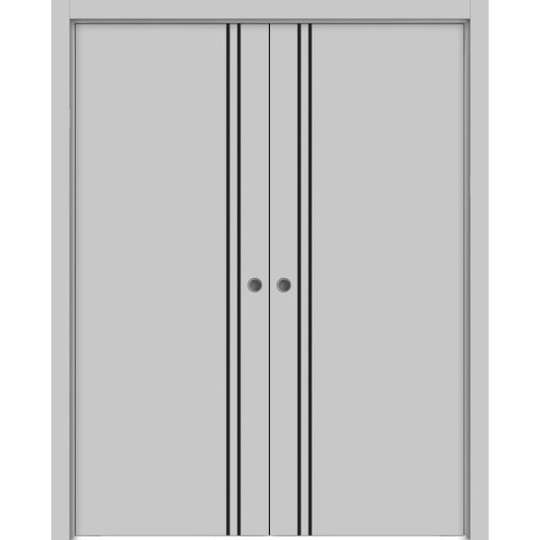 Modern Double Pocket Doors | Planum 0016 Matte Grey | Kit Trims Rail Hardware | Solid Wood Interior Bedroom Sliding Closet Sturdy Door