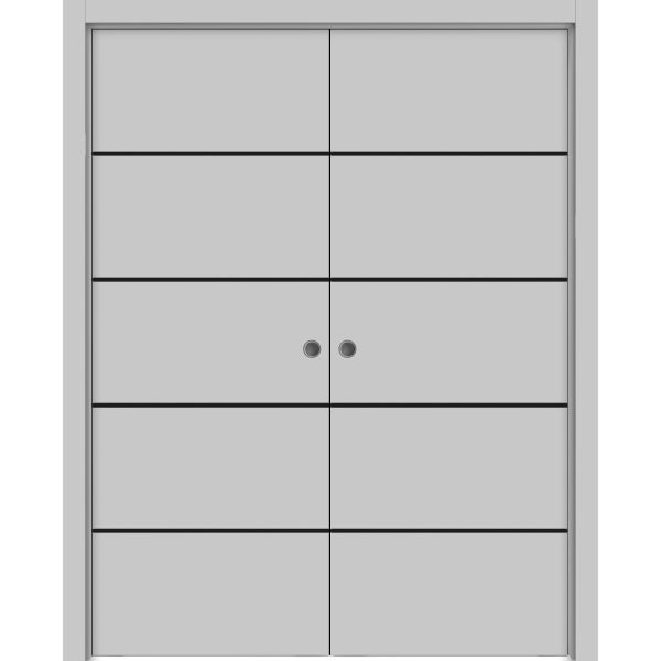 Modern Double Pocket Doors | Planum 0015 Matte Grey | Kit Trims Rail Hardware | Solid Wood Interior Bedroom Sliding Closet Sturdy Door