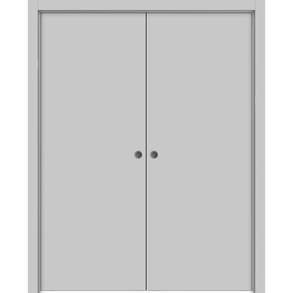 Modern Double Pocket Doors | Planum 0010 Matte Grey | Kit Trims Rail Hardware | Solid Wood Interior Bedroom Sliding Closet Sturdy Door