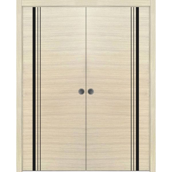 Modern Double Pocket Doors | Planum 0011 Natural Veneer | Kit Trims Rail Hardware | Solid Wood Interior Bedroom Sliding Closet Sturdy Door