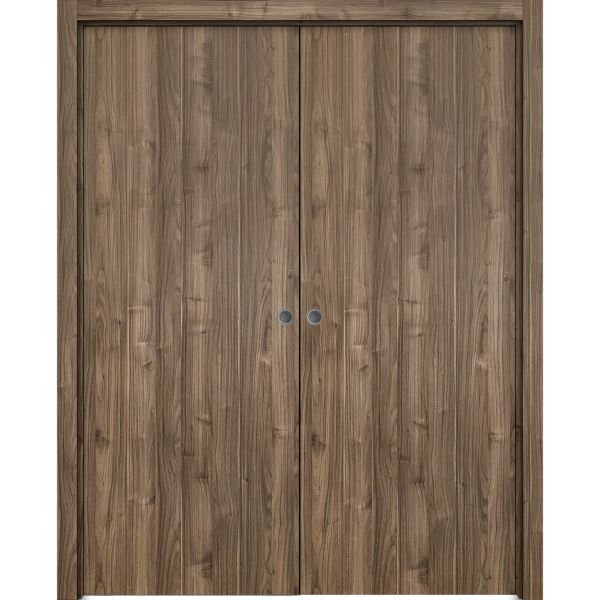 Modern Double Pocket Doors | Planum 0010 Walnut | Kit Trims Rail Hardware | Solid Wood Interior Bedroom Sliding Closet Sturdy Door
