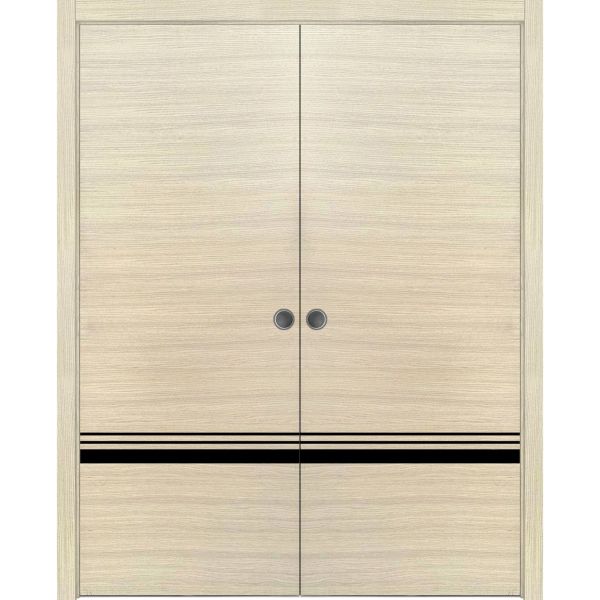 Modern Double Pocket Doors | Planum 0012 Natural Veneer | Kit Trims Rail Hardware | Solid Wood Interior Bedroom Sliding Closet Sturdy Door