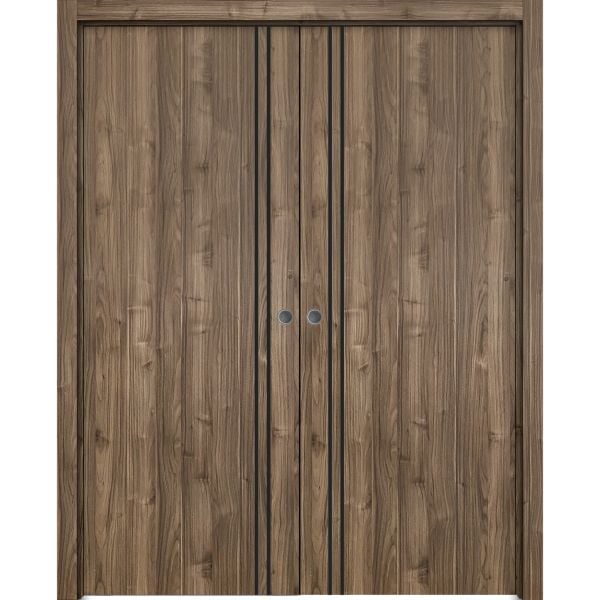 Modern Double Pocket Doors | Planum 0016 Walnut | Kit Trims Rail Hardware | Solid Wood Interior Bedroom Sliding Closet Sturdy Door