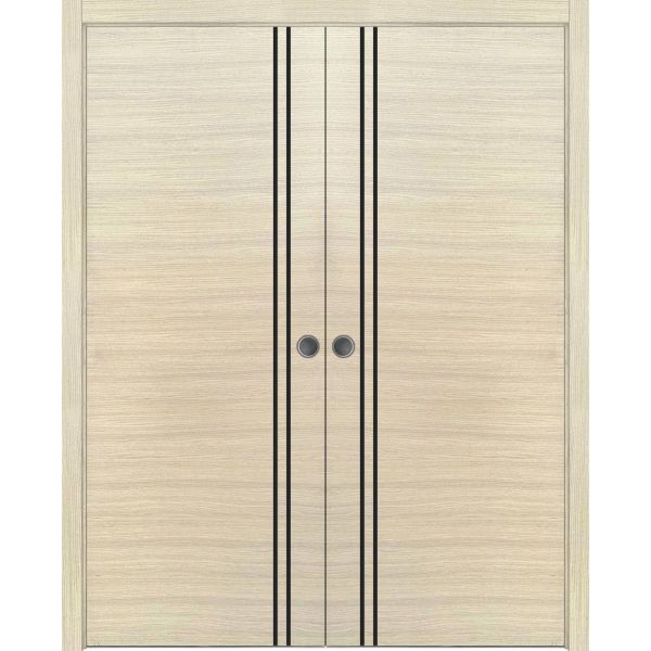 Modern Double Pocket Doors | Planum 0016 Natural Veneer | Kit Trims Rail Hardware | Solid Wood Interior Bedroom Sliding Closet Sturdy Door-36" x 80" (2* 18x80)