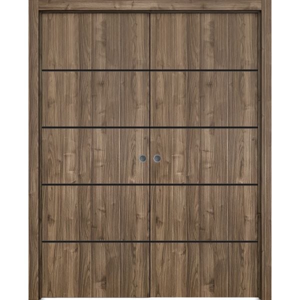 Modern Double Pocket Doors | Planum 0015 Walnut | Kit Trims Rail Hardware | Solid Wood Interior Bedroom Sliding Closet Sturdy Door