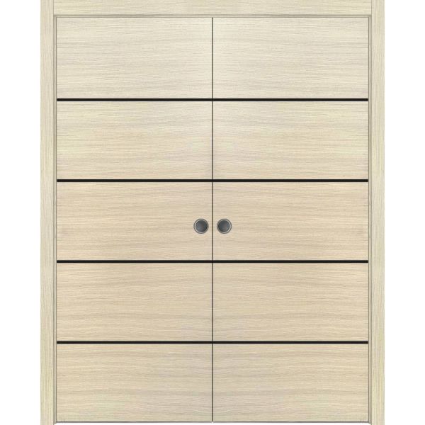 Modern Double Pocket Doors | Planum 0015 Natural Veneer | Kit Trims Rail Hardware | Solid Wood Interior Bedroom Sliding Closet Sturdy Door