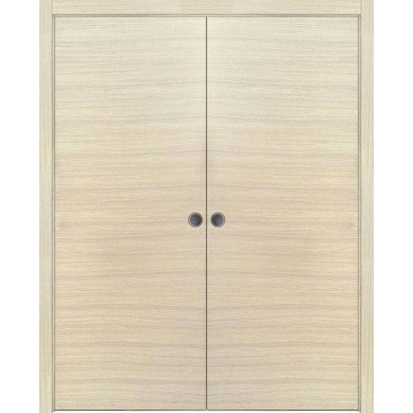 Modern Double Pocket Doors | Planum 0010 Natural Veneer | Kit Trims Rail Hardware | Solid Wood Interior Bedroom Sliding Closet Sturdy Door