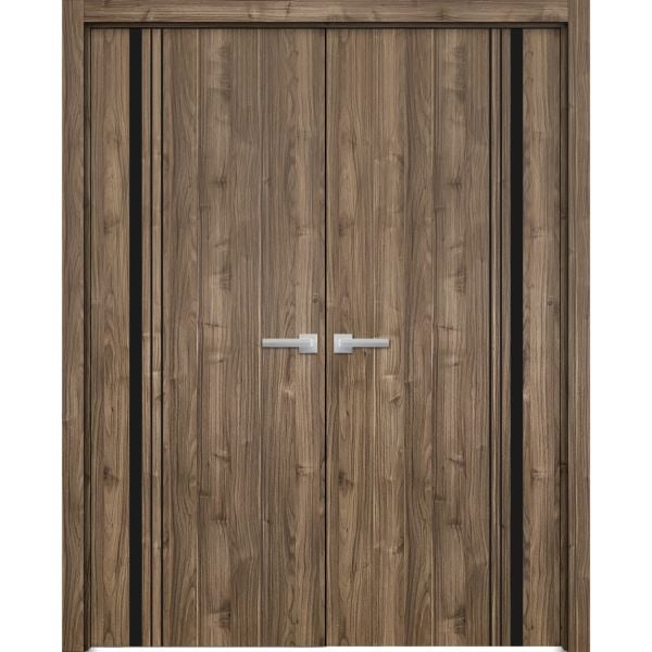 Planum Solid French Double Doors | Planum 0011 Walnut | Wood Solid Panel Frame Trims | Closet Bedroom Sturdy Doors 