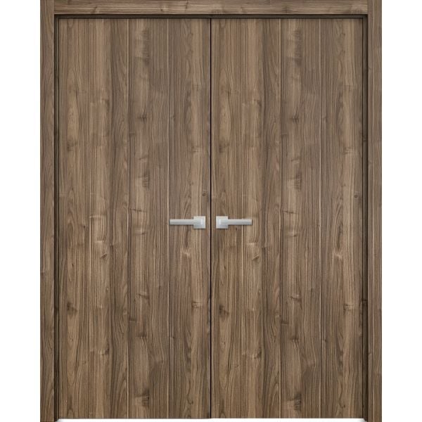 Planum Solid French Double Doors | Planum 0010 Walnut | Wood Solid Panel Frame Trims | Closet Bedroom Sturdy Doors 