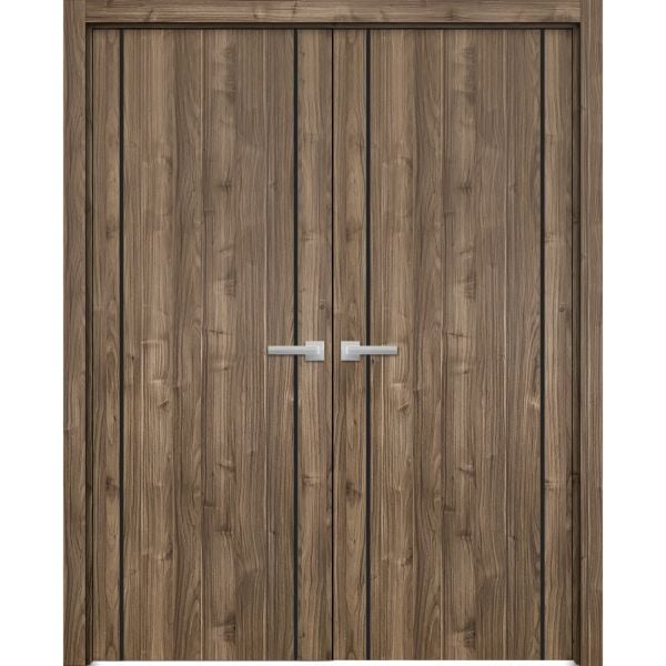 Planum Solid French Double Doors | Planum 0017 Walnut | Wood Solid Panel Frame Trims | Closet Bedroom Sturdy Doors 