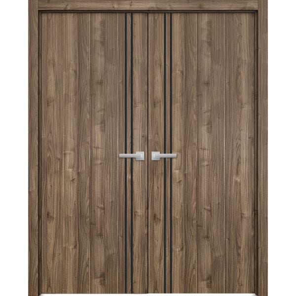 Planum Solid French Double Doors | Planum 0016 Walnut | Wood Solid Panel Frame Trims | Closet Bedroom Sturdy Doors 