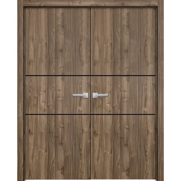 Planum Solid French Double Doors | Planum 0014 Walnut | Wood Solid Panel Frame Trims | Closet Bedroom Sturdy Doors 