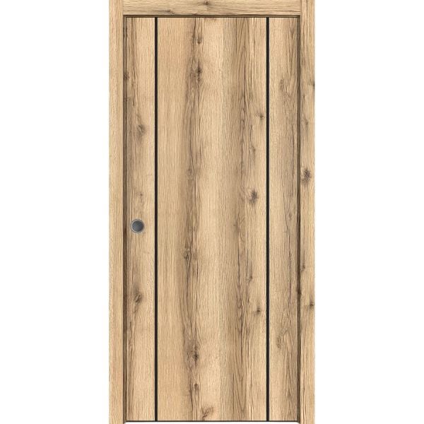 Sliding French Pocket Door with | Planum 0017 Oak | Kit Trims Rail Hardware | Solid Wood Interior Bedroom Sturdy Doors-18" x 80"