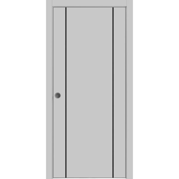 Sliding French Pocket Door with | Planum 0017 Matte Grey | Kit Trims Rail Hardware | Solid Wood Interior Bedroom Sturdy Doors