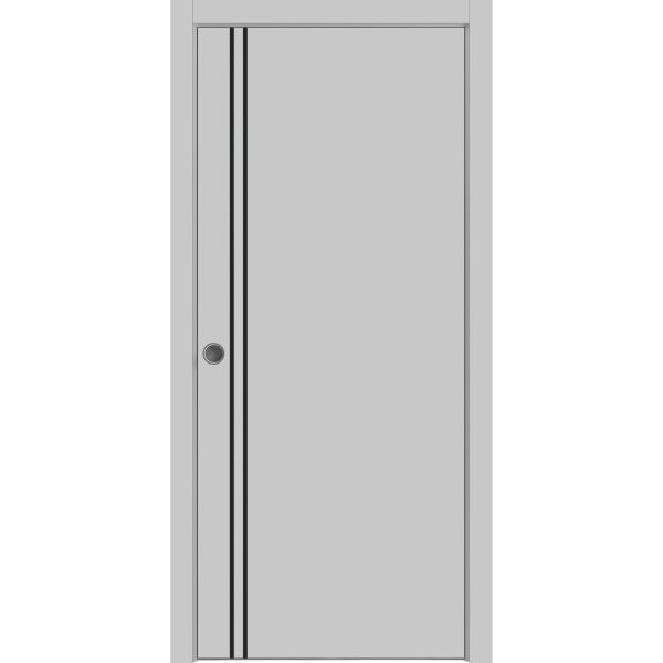 Sliding French Pocket Door with | Planum 0016 Matte Grey | Kit Trims Rail Hardware | Solid Wood Interior Bedroom Sturdy Doors