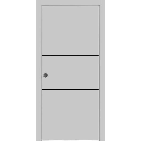 Sliding French Pocket Door with | Planum 0014 Matte Grey | Kit Trims Rail Hardware | Solid Wood Interior Bedroom Sturdy Doors-18" x 80"