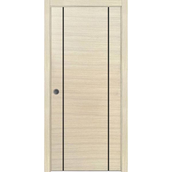 Sliding French Pocket Door with | Planum 0017 Natural Veneer | Kit Trims Rail Hardware | Solid Wood Interior Bedroom Sturdy Doors-18" x 80"