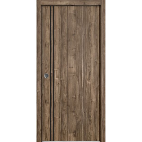 Sliding French Pocket Door with | Planum 0016 Walnut | Kit Trims Rail Hardware | Solid Wood Interior Bedroom Sturdy Doors