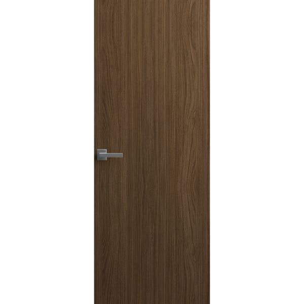 Invisible Solid Hidden Door with Handle | Planum 0010 Walnut with Black Hidden Frame 28" x 96" Left-hand Inswing Black Frame | Concealed Hinges Lock Handle | Modern Frameless Doors