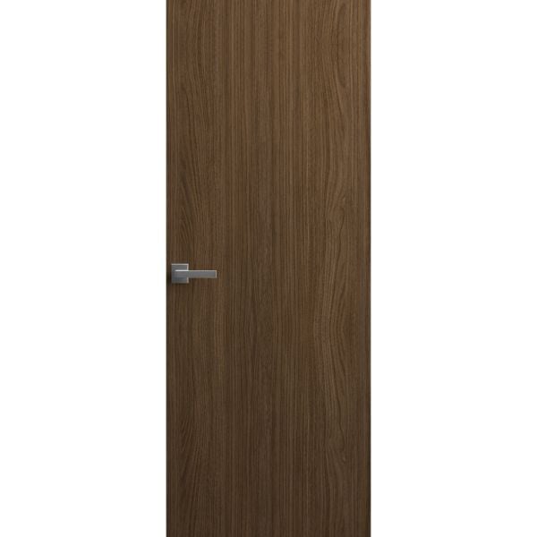 Invisible Solid Hidden Door with Handle | Planum 0010 Walnut with Silver Hidden Frame 24" x 80" Left-hand Inswing Silver Frame | Concealed Hinges Lock Handle | Modern Frameless Doors