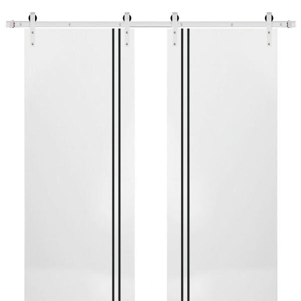 Sturdy Double Barn Door with Hardware | Planum 0016 White Silk | Silver 13FT Rail Hangers Heavy Set | Modern Solid Panel Interior Doors
