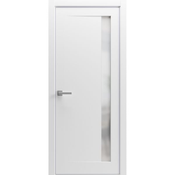 Modern Wood Interior Door with Hardware | Planum 0660 Painted White with Frosted Glass | Single Panel Frame Trims | Bathroom Bedroom Sturdy Doors