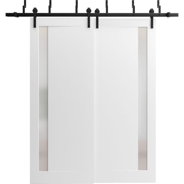 Barn Bypass Doors with 6.6ft Hardware | Planum 0660 Painted White with Frosted Glass | Sturdy Heavy Duty Rails Kit Steel Set | Double Sliding Door