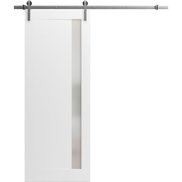 Sliding Barn Door with Stainless Steel 6.6ft Hardware | Planum 0660 Painted White with Frosted Glass | Rail Hangers Sturdy Silver Set | Modern Solid Panel Interior Doors