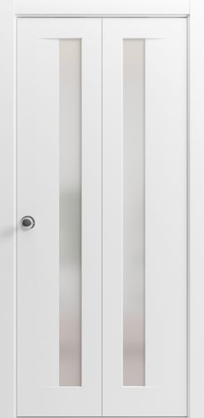 Sliding Closet Bi-fold Doors | Planum 0660 Painted White with Frosted Glass | Sturdy Tracks Moldings Trims Hardware Set | Wood Solid Bedroom Wardrobe Doors 