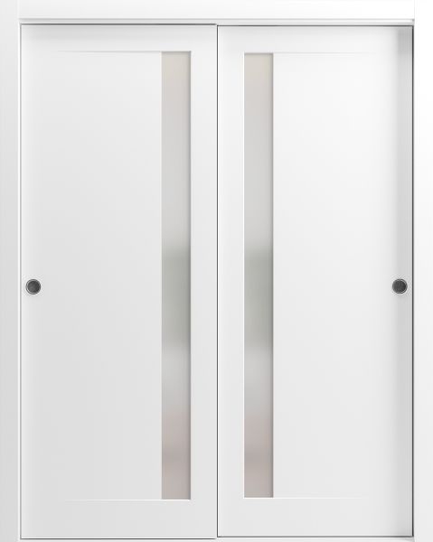 Sliding Closet Bypass Doors | Planum 0660 Painted White with Frosted Glass | Sturdy Rails Moldings Trims Hardware Set | Wood Solid Bedroom Wardrobe Doors-36" x 80" (2* 18x80)