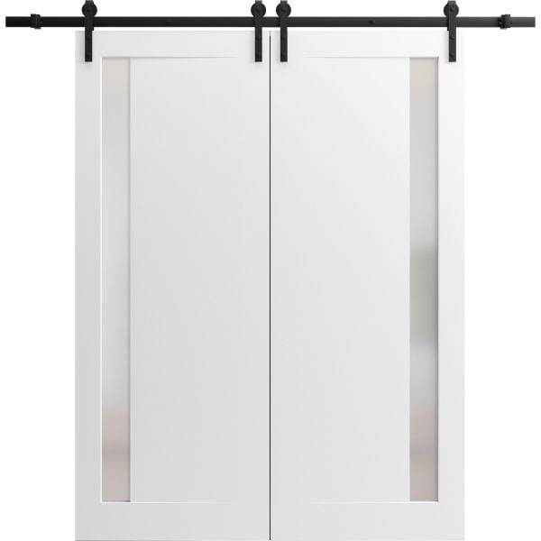 Sliding Double Barn Doors with Hardware | Planum 0660 Painted White with Frosted Glass | 13FT Rail Hangers Sturdy Set | Modern Solid Panel Interior Hall Bedroom Bathroom Door-36" x 80" (2* 18x80)-Black Rail