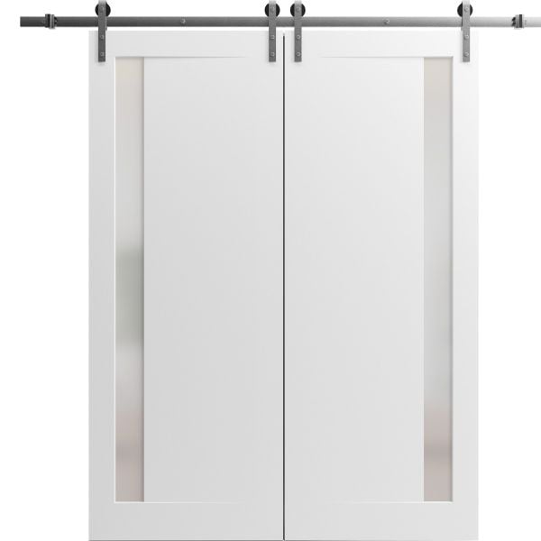 Sliding Double Barn Doors with Hardware | Planum 0660 Painted White with Frosted Glass | Silver 13FT Rail Hangers Sturdy Set | Modern Solid Panel Interior Hall Bedroom Bathroom Door — United Porte