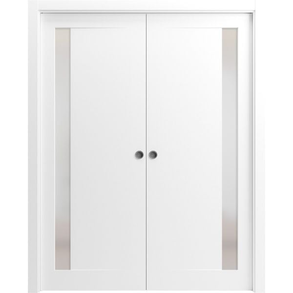 Modern Double Pocket Doors | Planum 0660 Painted White with Frosted Glass | Kit Trims Rail Hardware | Solid Wood Interior Bedroom Sliding Closet Sturdy Door