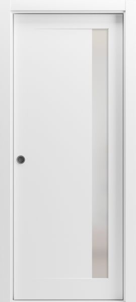 Sliding French Pocket Door with | Planum 0660 Painted White with Frosted Glass | Kit Trims Rail Hardware | Solid Wood Interior Bedroom Sturdy Doors-18" x 80"