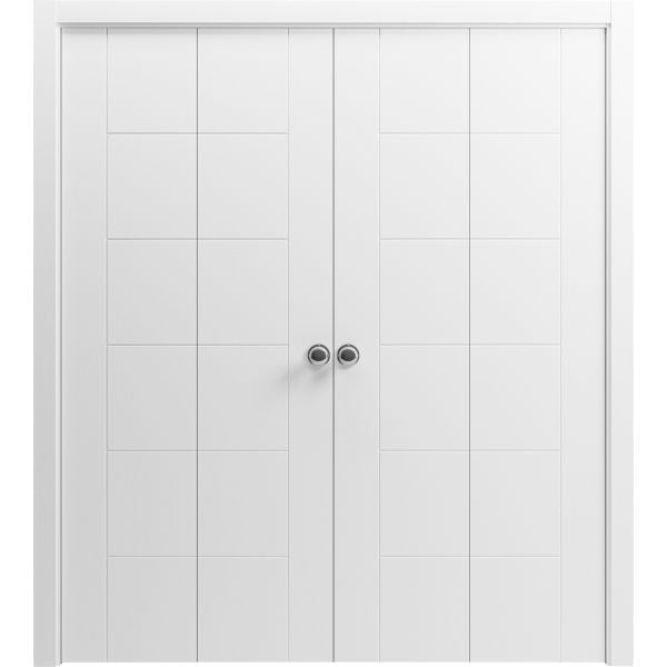 Sliding Closet Double Bi-fold Doors 72 x 80 inches | Mela 0716 Painted White | Sturdy Tracks Moldings Trims Hardware Set | Wood Solid Bedroom Wardrobe Doors