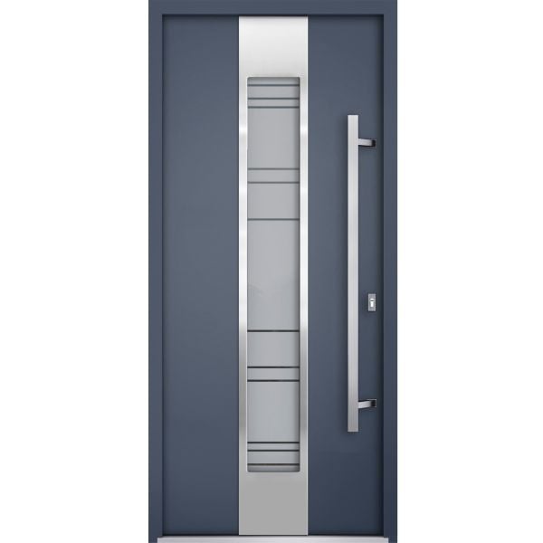 Front Exterior Prehung Steel Door / Deux 0757 Gray Graphite / Stainless Inserts Single Modern Painted-W36" x H80"-Left-hand Inswing