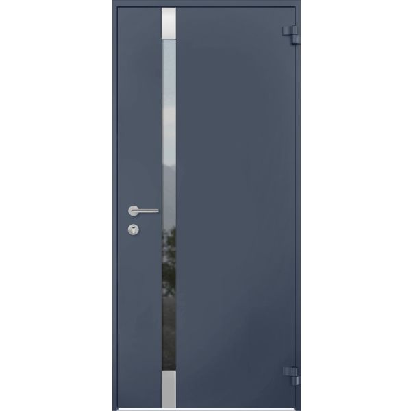 Front Exterior Prehung Steel Door / Cynex 6777 Grey / Stainless Inserts Single Modern Painted-W36" x H80"-Right-hand Outswing