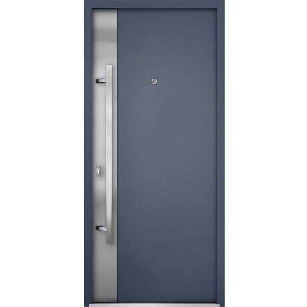 Front Exterior Prehung Steel Door / Deux 0729 Gray Graphite / Stainless Inserts Single Modern Painted