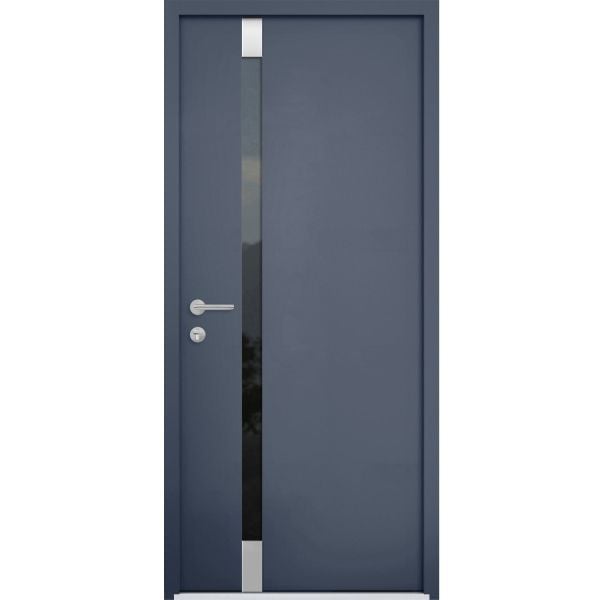 Front Exterior Prehung Steel Door / Cynex 6777 Grey / Stainless Inserts Single Modern Painted