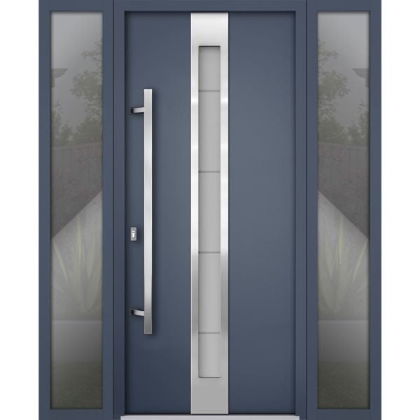 Front Exterior Prehung Steel Door / Deux 1717 Gray Graphite / Stainless Inserts Single Modern Painted-W60" x H80"-Right-hand Inswing