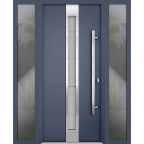 Front Exterior Prehung Steel Door / Deux 1717 Gray Graphite / 2 Sidelight Exterior Windows / Stainless Inserts Single Modern Painted-W12+36+12" x H80"-Left-hand Inswing