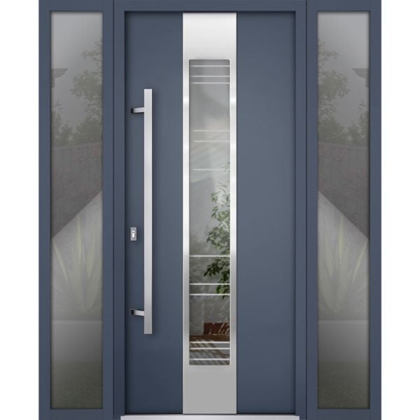 Front Exterior Prehung Steel Door / Deux 5755 Gray Graphite / 2 Side Exterior Windows / Stainless Inserts Single Modern Painted-W12+36+12" x H80"-Right-hand Inswing