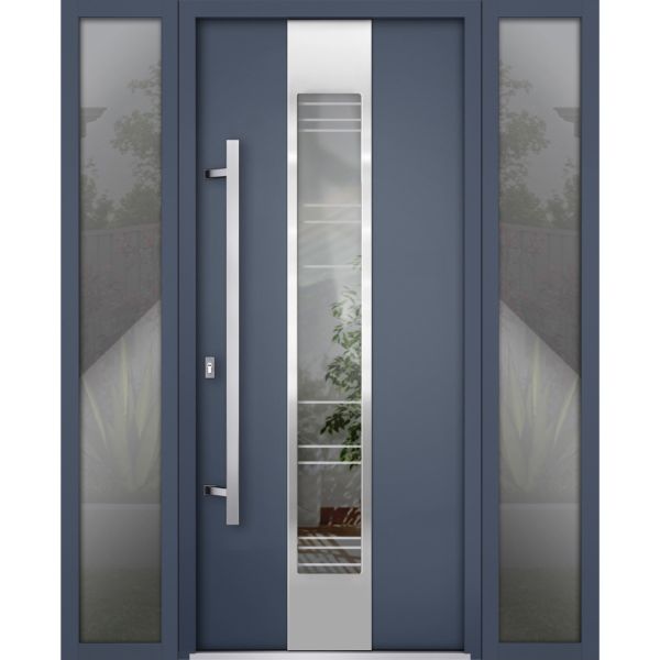 Front Exterior Prehung Steel Door / Deux 5755 Gray Graphite / 2 Sidelight Exterior Windows / Stainless Inserts Single Modern Painted-W14+36+14" x H80"-Right-hand Inswing