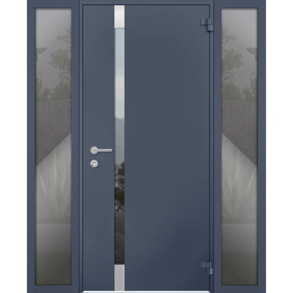 Front Exterior Prehung Steel Door / Cynex 6777 Grey / 2 Sidelight Exterior Windows / Stainless Inserts Single Modern Painted-W16+36+16" x H80"-Right-hand Outswing