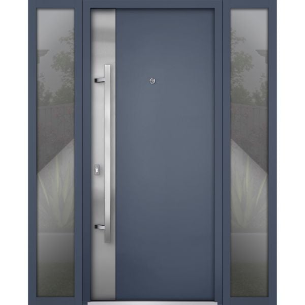 Front Exterior Prehung Steel Door / Deux 0729 Gray Graphite / 2 Sidelight Exterior Windows / Stainless Inserts Single Modern Painted-W14+36+14" x H80"-Right-hand Inswing