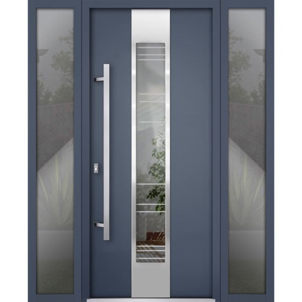 Front Exterior Prehung Steel Door / Deux 5755 Gray Graphite / 2 Sidelight Exterior Windows / Stainless Inserts Single Modern Painted-W16+36+16" x H80"-Right-hand Inswing