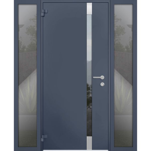 Front Exterior Prehung Steel Door / Cynex 6777 Grey / 2 Sidelight Exterior Windows / Stainless Inserts Single Modern Painted-W12+36+12" x H80"-Left-hand Outswing