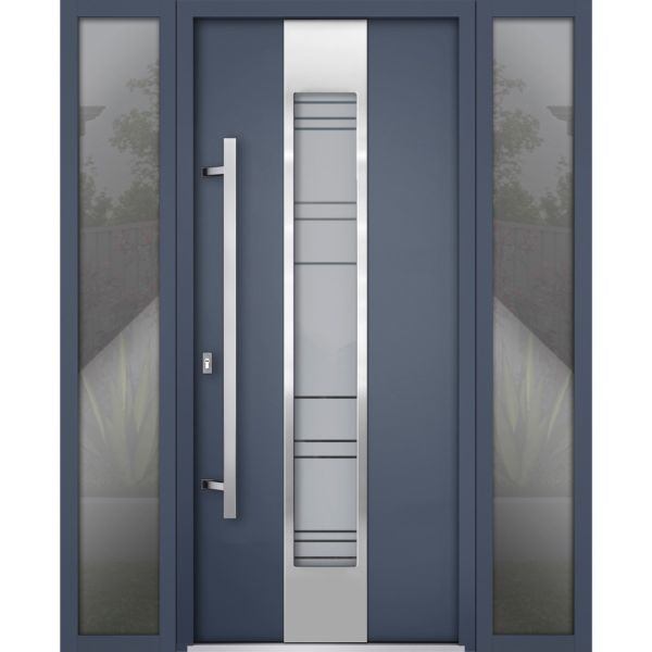Front Exterior Prehung Steel Door / Deux 0757 Gray Graphite / 2 Sidelight Exterior Windows / Stainless Inserts Single Modern Painted-W16+36+16" x H80"-Right-hand Inswing