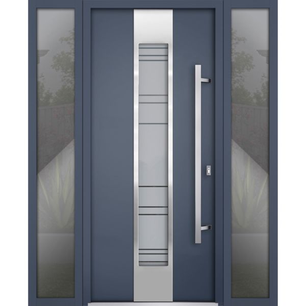 Front Exterior Prehung Steel Door / Deux 0757 Gray Graphite / 2 Sidelight Exterior Windows / Stainless Inserts Single Modern Painted-W16+36+16" x H80"-Left-hand Inswing