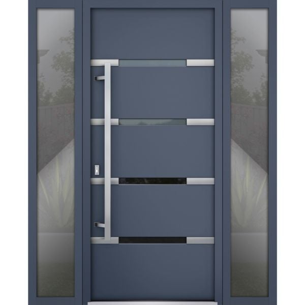 Front Exterior Prehung Steel Door / Deux 1105 Gray Graphite / 2 Sidelight Exterior Windows / Stainless Inserts Single Modern Painted-W16+36+16" x H80"-Right-hand Inswing